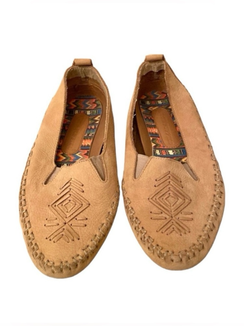 Hush Puppies Womens 8M Tan Aztec Western Tribal Stitched Leather Moccasin Flats